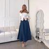 Women's High Waist A-Line Maxi Skirt Loose Fit Casual Solid Blue Denim Skirt