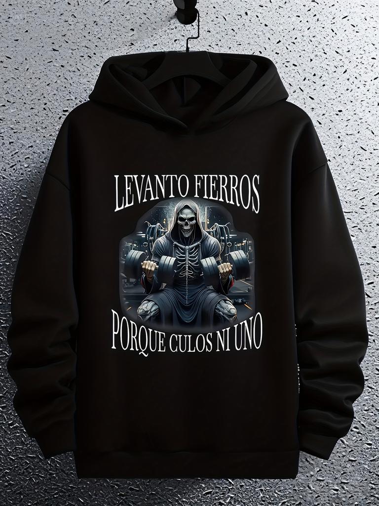 "Levanto Fierros Porque Culos Ni Uno" Skull Graphic Hoodie - Casual 100% Polyester Knit