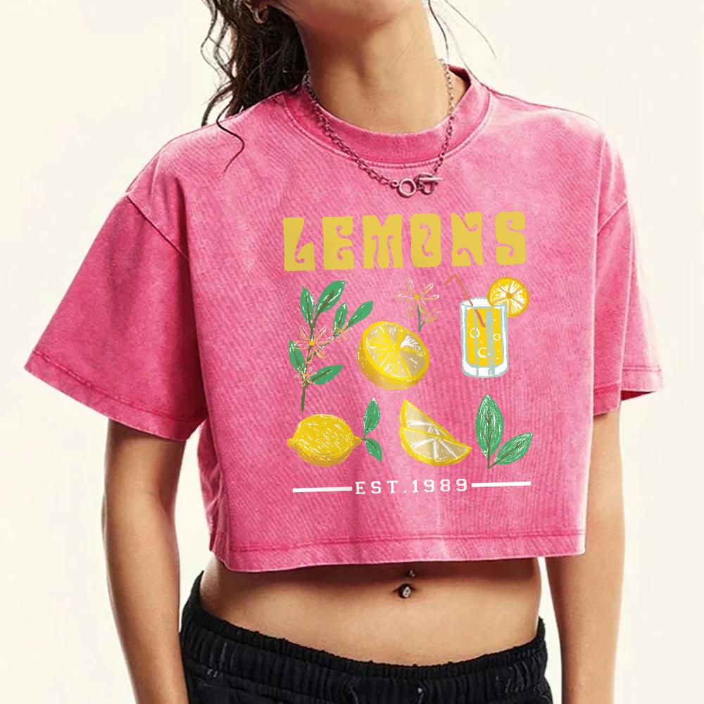 

The Production Of Lemon Juice Prints Washed T-Shirt Female Fashion Cotton T Shirts Crewneck Clothes Soft Retro Tops M