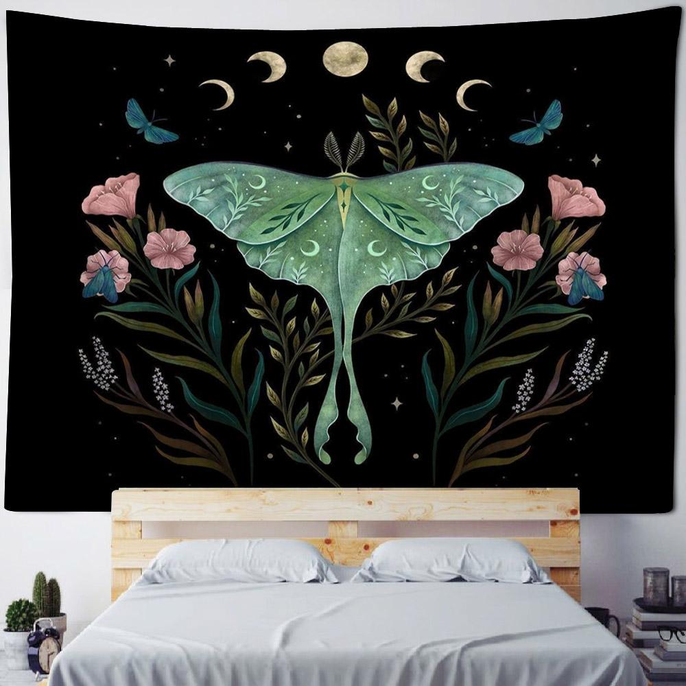 Butterfly Moon Phase Art Tapestry Bohemian Style Wall Hanging Cloth Plants Animals Home Dormitory Aesthetic Mural Decoration