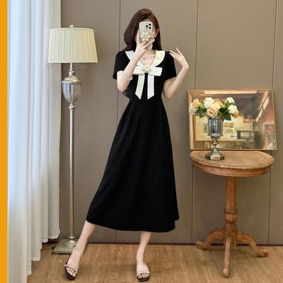 Elegant Summer Peter Pan Collar Slim Long Dress Women's Short Sleeve Bowknot Patchwork Party Dress