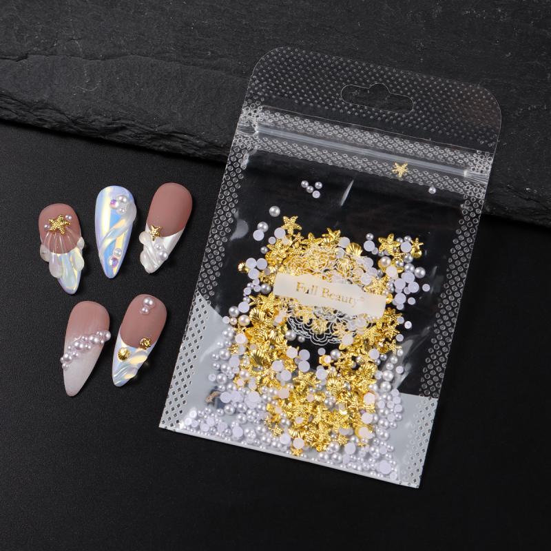 1 Bag Mixed Gold Ocean Style Nail Art Charms 3D Shell Starfish Pearl Metal Nail Jewelry Diy Nail Charm Decoration