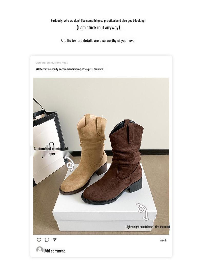 859-1 Retro Ruched Stacked Boots: 2025 Autumn/Winter Square Toe Chunky Heel Fashion Ankle Boots with Inner Height Increase.