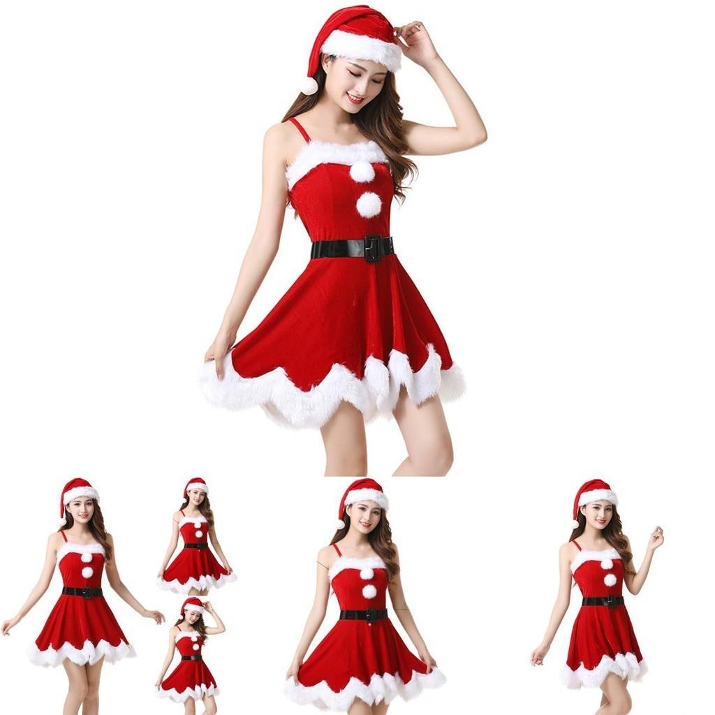 Red Velvet Women Christmas Costume With Soft Touch Santa Claus Dress And Hat