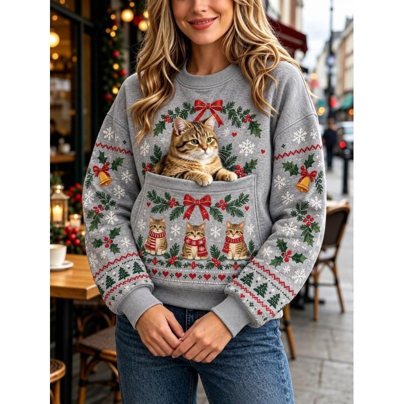 Christmas Cat Pocket Print Sweatshirt Retro Long Sleeve Top Holiday