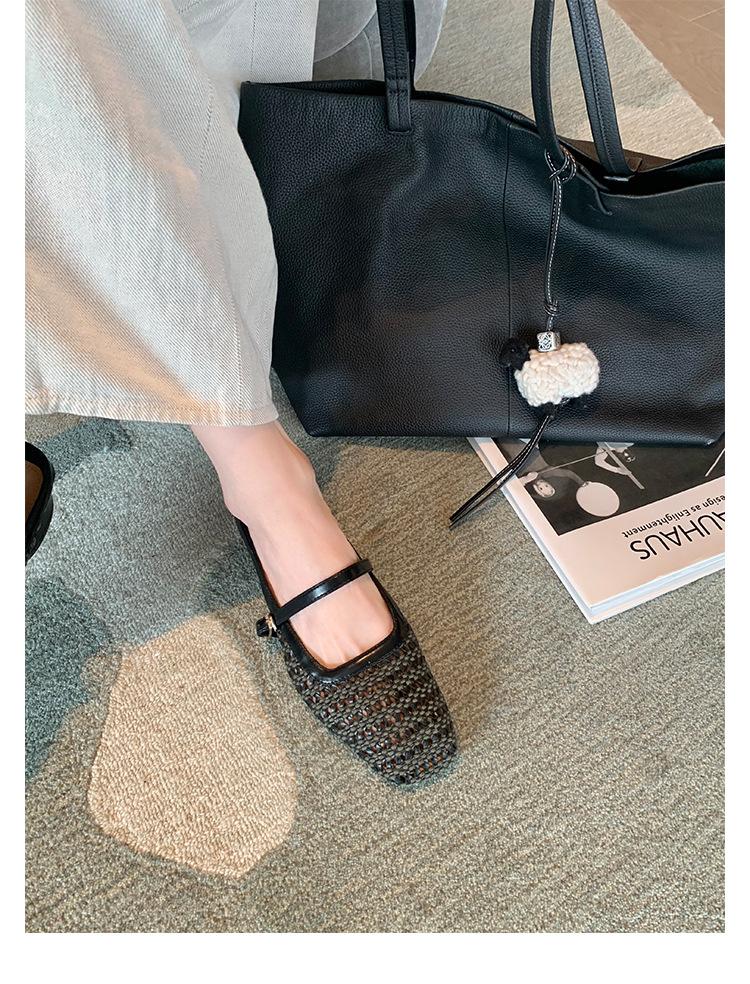Sheepskin grape mother baotou slippers women's retro woven hollow square head one-word thick heel Muller half-drag empty single shoes