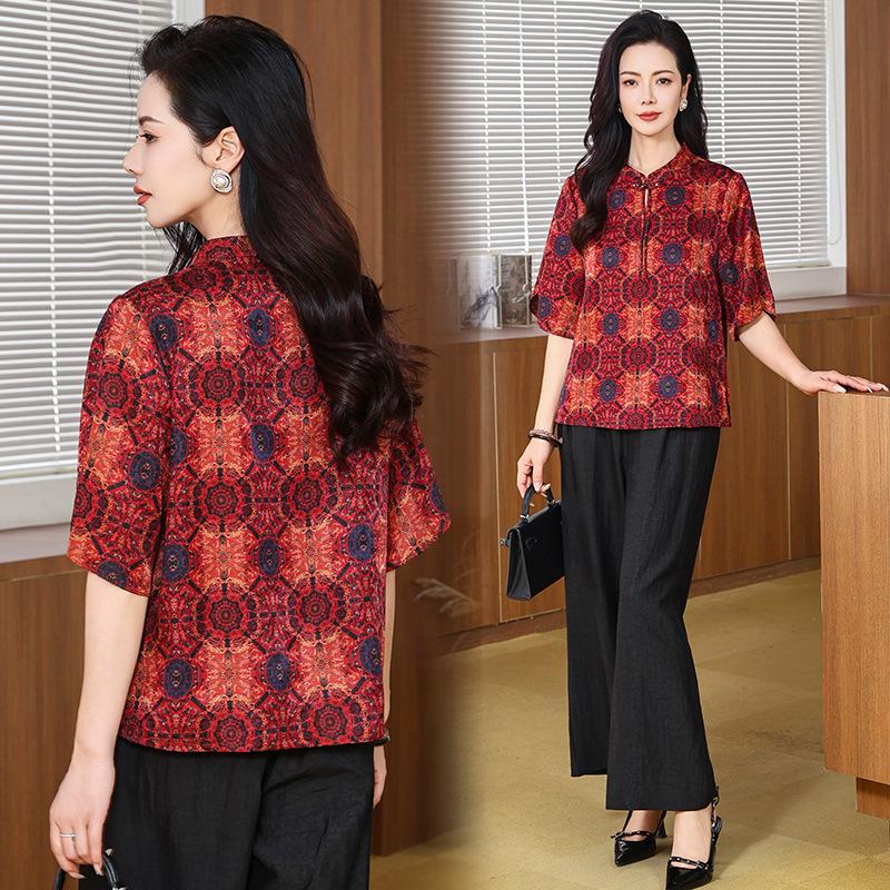 Hualuo Fragrant Cloud Yarn Shirt Mother Outfit Summer Retro Stand-up Collar Silk Shirt Medium Sleeve Silk Top Women