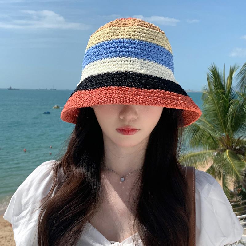 Straw Hat Women's Summer New Cute Flower Seaside Hollow Rolled Edge Lafite Sunshade Hat Face Covering Dome Beach Hat