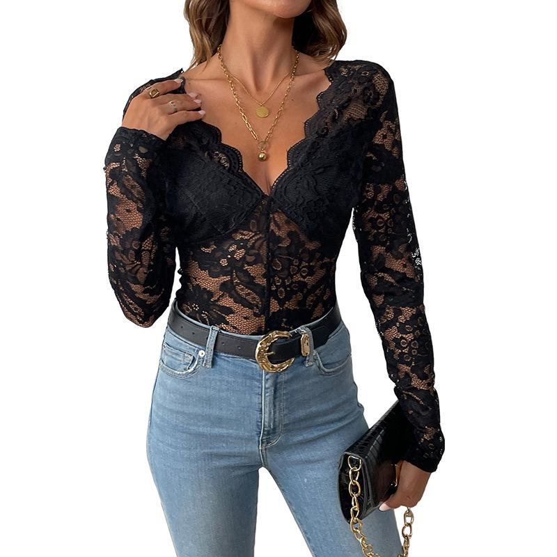 2026 New European & American V-neck Lace Bodysuit: Sexy, Long Sleeve, Slim-fit Autumn Wear for Women