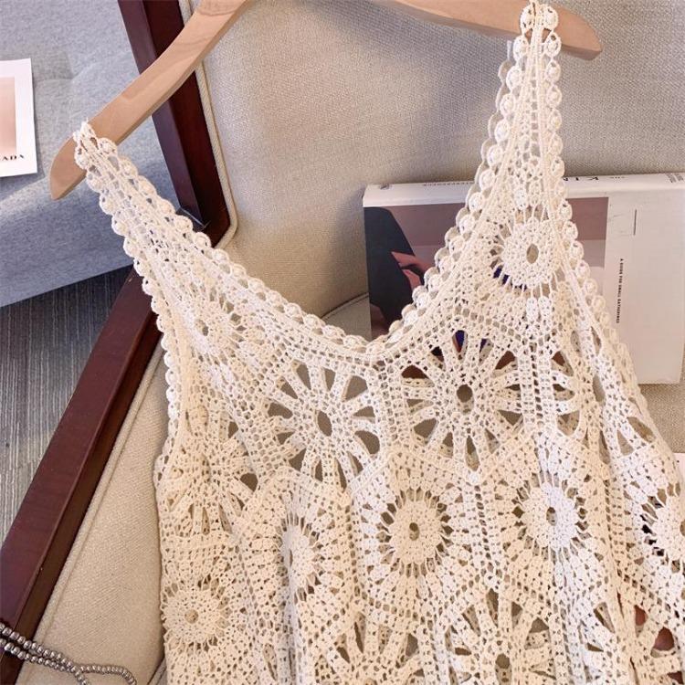 Sexy Lace Knitting Dress Women Hollow Out Long Vest Summer Loose Basic Tops O Neck Tees Dimanaf Style New