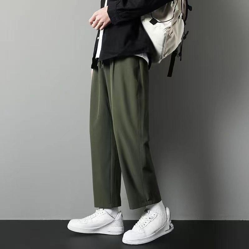Summer Thin Ice Silk Straight-leg Pants for Work, Men's Loose Nine-point Pants, Solid Color Wide-leg Casual Pants