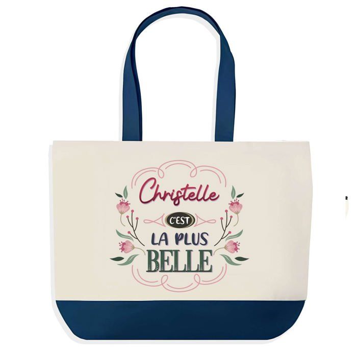 Tote bag - PLANETEE - Christelle la plus belle - Fond bleu - Coton 40 x 45 cm - Sans fermeture