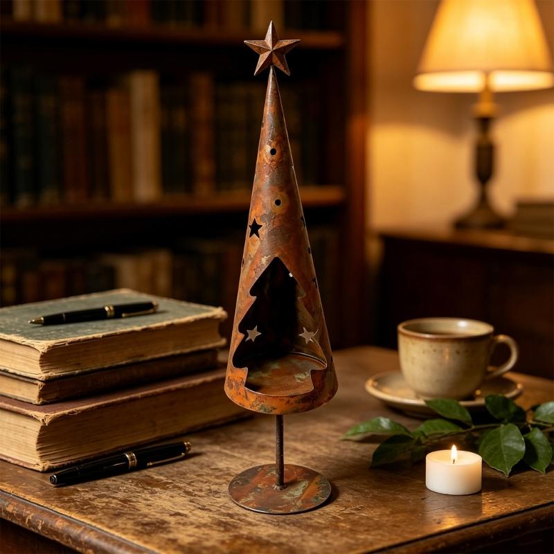 Rust Design Iron Candle Display in a Christmas Tree Shape with Star Detail and Aged Finish for Holiday Dinners and Living Room