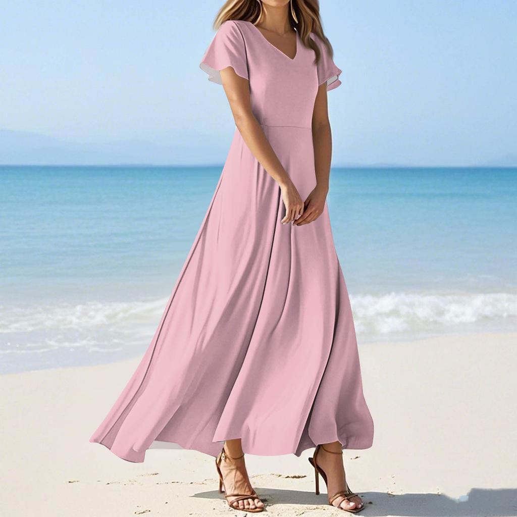 Women's Summer Casual Fashion Solid Color Dresses V-Neck Short Sleeve Dresses