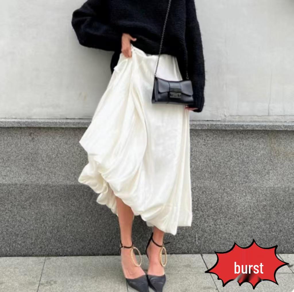 2024 Spring European & American Style High-Waist Balloon Dress - Casual, Simple, Solid Color, Versatile A-Line Skirt