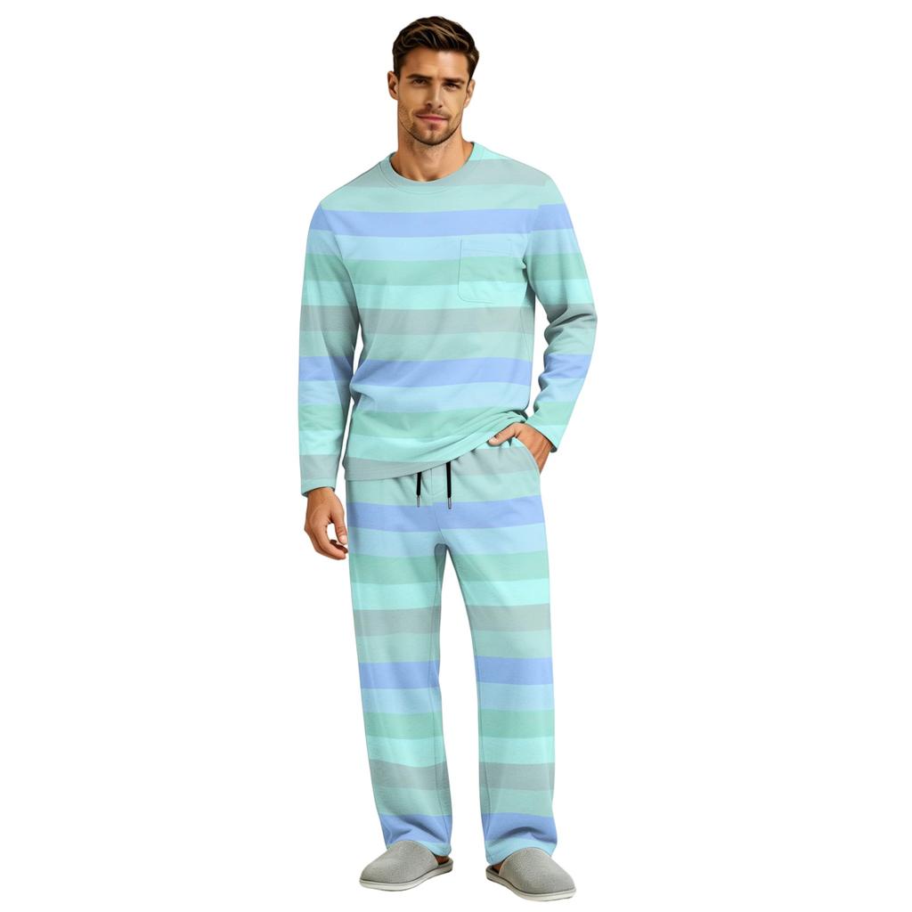 Men's Long Sleeve Pajama Set with Button Crotch and Elastic Drawstring Waist Pants for Home Loungewear
