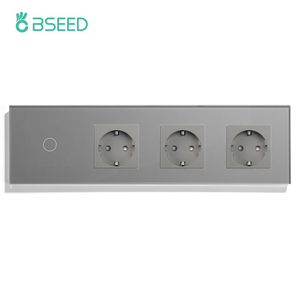 BSEED 1/2/3Gang Touch Switch 1Way Plus Triple Wall Sockets EU Standard Blue Backlight Glass Panel 299mm