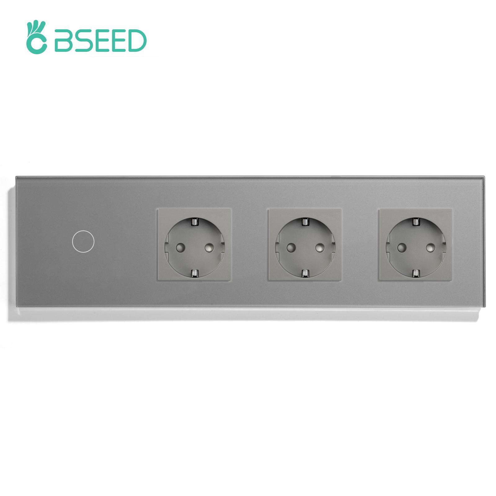 

BSEED 1/2/3Gang Touch Switch 1Way Plus Triple Wall Sockets EU Standard Blue Backlight Glass Panel 299mm EU standard