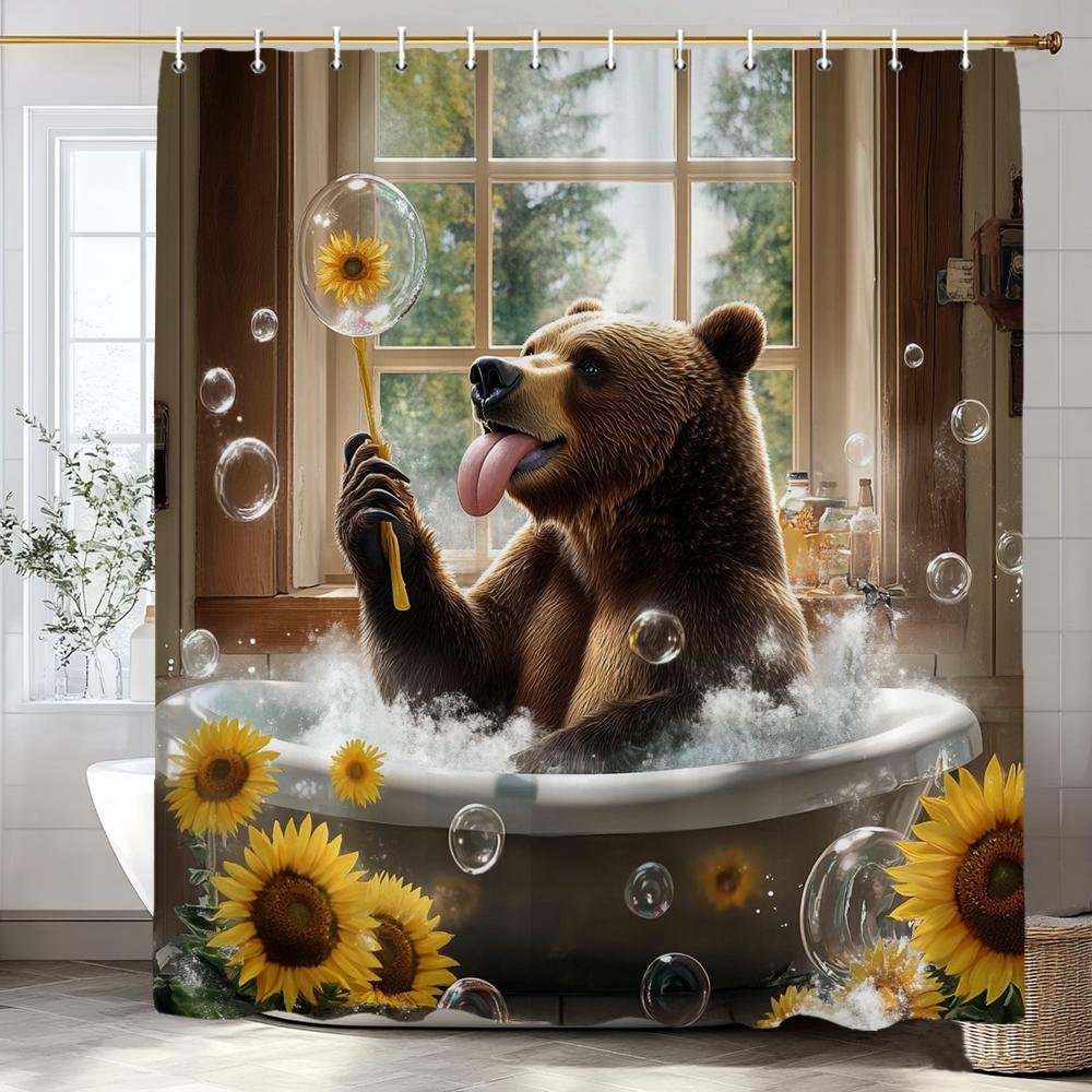 Fun Bathing Bubble Bear Animal Print Shower Curtain, Polyester Shower Curtain With Hooks For Bathroom Decorative Shower Curtain