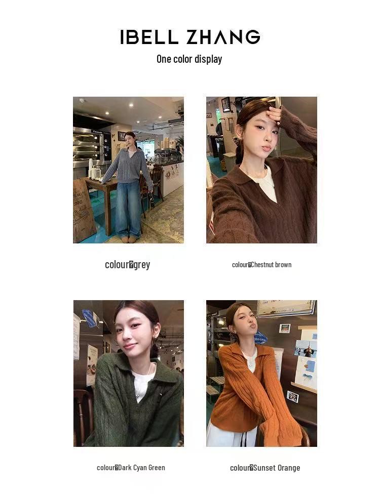 Women's Two-Piece Look Polo Collar Wool Sweater - Thick and Loose Knitwear for Autumn/Winter
