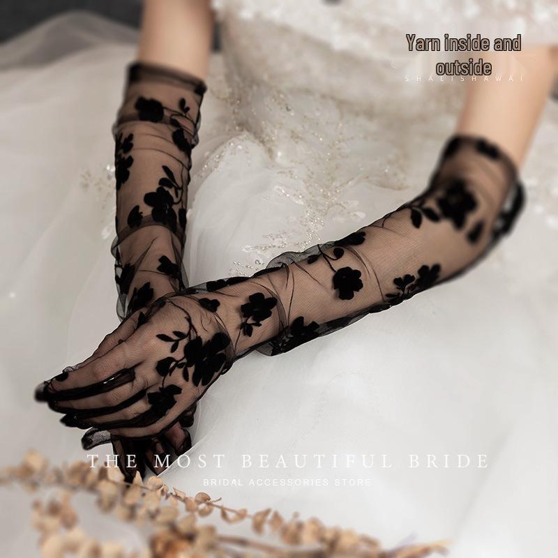 Elegant Thin Black Lace Bridal Evening Gloves with Floral Mesh Design