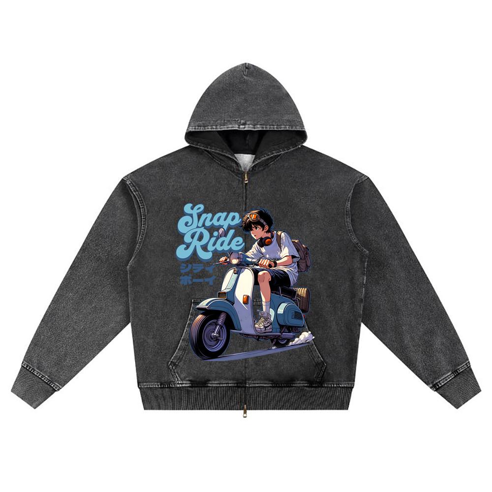 DTG print Knitted Denim Zip-Up Hoodie Scooter Graphic Brother Print Zipper Hoodies  
