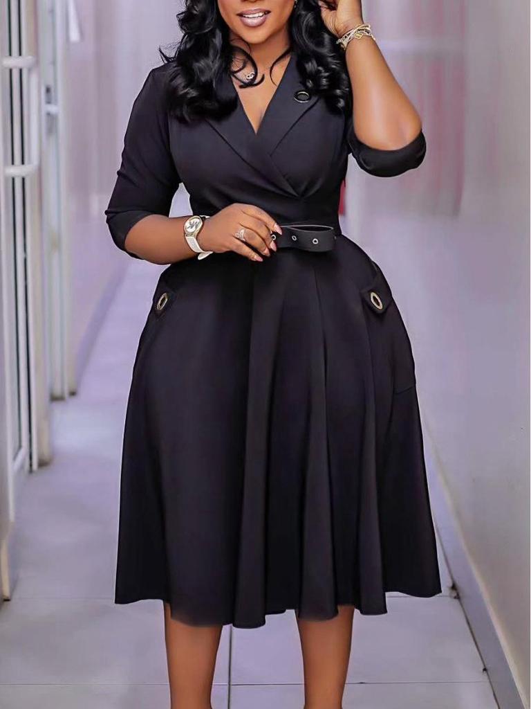 Elegant High Waist Plus Size Lapel Dress for Women - 2025 New Collection