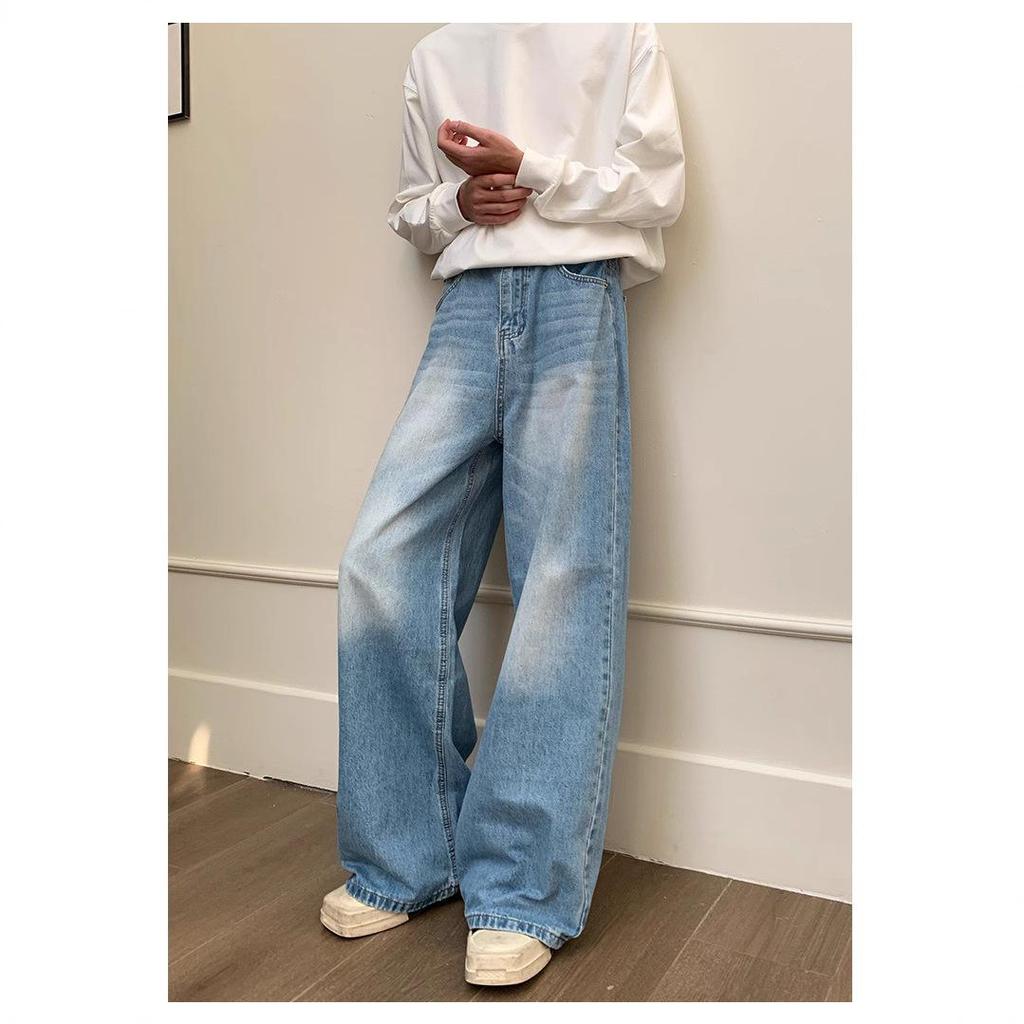 Men's Loose Straight-Leg Distressed Jeans - Floor-Length, Wide-Leg, Casual Trend