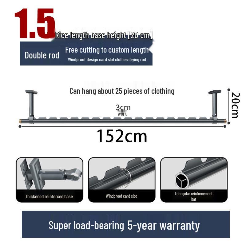 Aluminum Windproof Balcony Drying Rod - Top-Mounted, Hole-Punching Design for Secure Clothes Hanging
