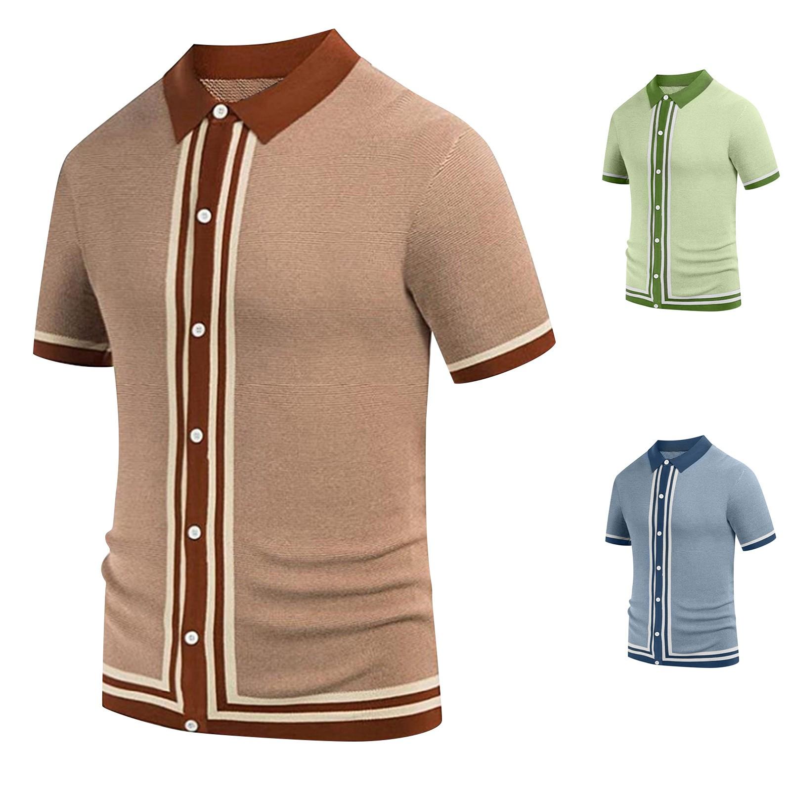 

Летняя мужская вязаная рубашка-поло в однотонную полоску с пуговицами и лацканами, рубашка с коротким рукавом