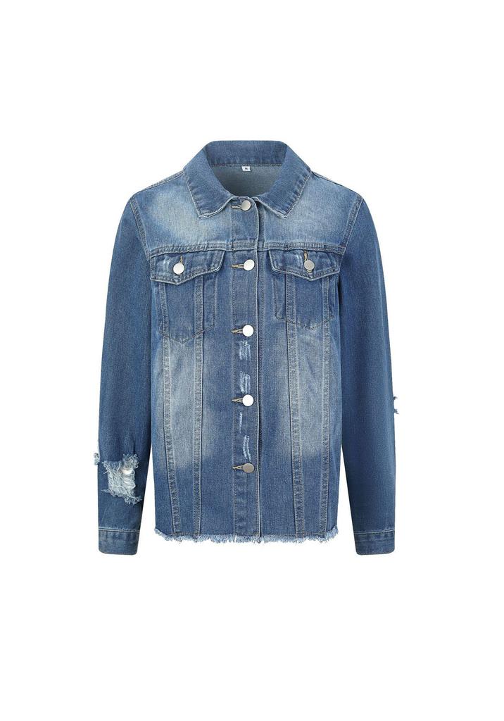 Women's Denim Lapel Jacket - Washed and Ripped, Long Sleeve, Non-Stretch, 2025 Collection.