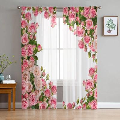 Pink Rose Flower Bouquet White Chiffon Sheer Curtains for Living Room Bedroom Home Decoration Window Voiles Tulle Drapes Curtain