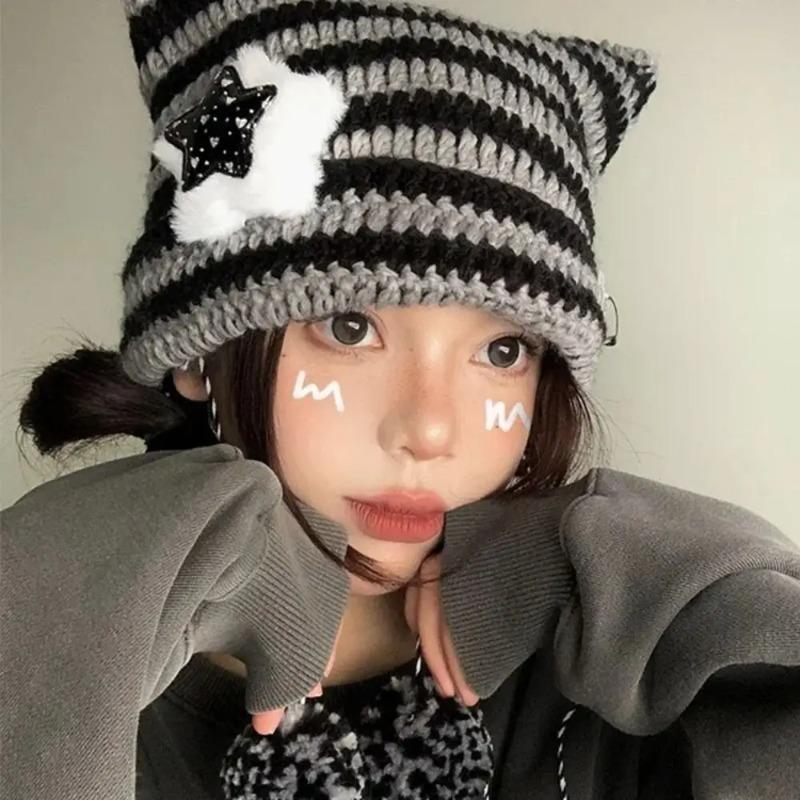 Y2K Beanie Hat Ins Devil Ear Striped Knitted Cap Autumn Winter Hip-hop Cute Cat Ears Pointed Pullover Women's Hats