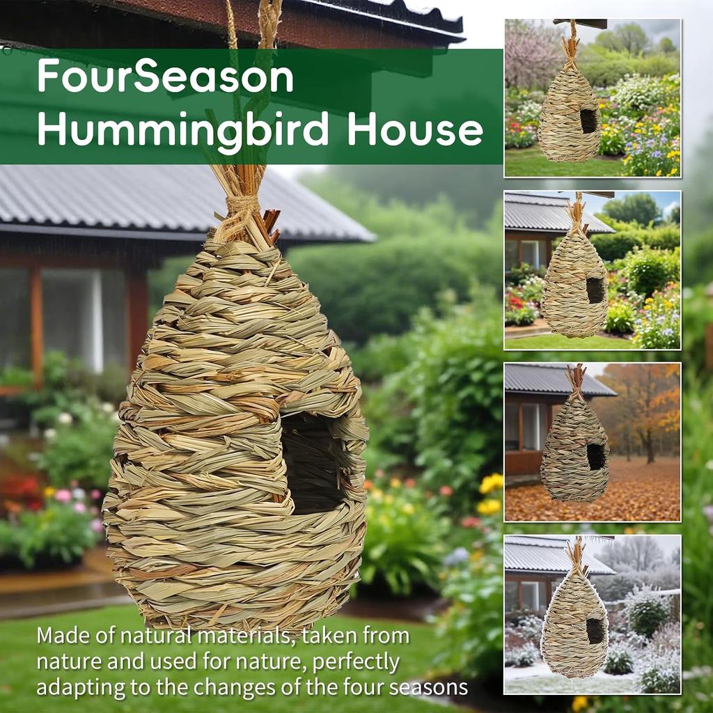 Hummingbird Houses for Outside Hanging, Natural Grass Hanging Bird Hut, Hand Woven Bird Nest, Large Wren Finch Bird House for Garden Window Outdoor
