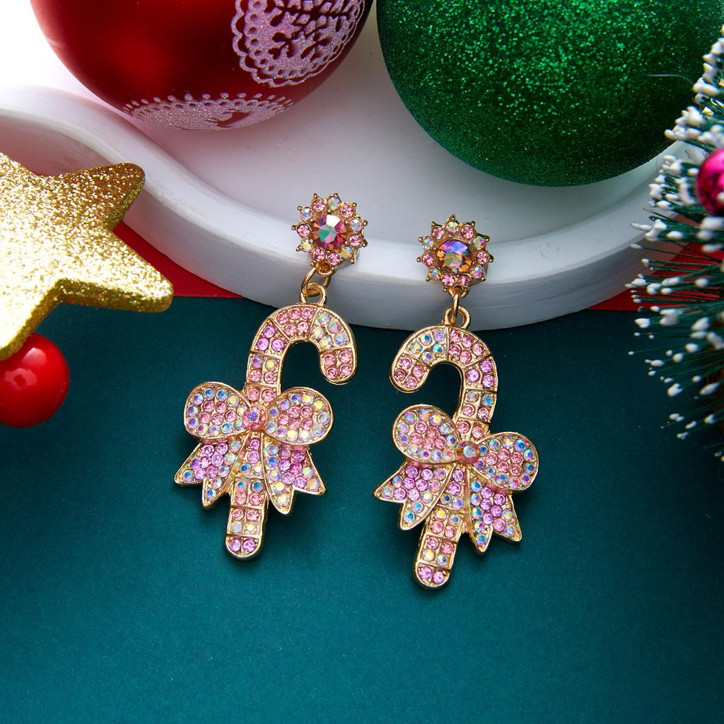 Christmas Rhinestone Gingerbread Man Drop Earrings For Women Candy Cane Bow Snowman Santa Claus Dangle Earring Party Jewelry
