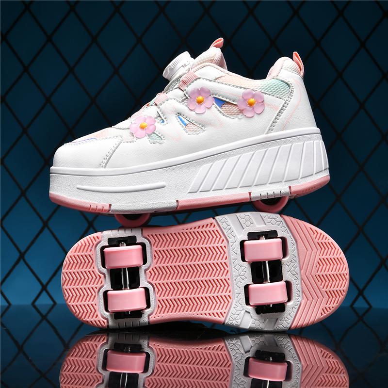 29-39  Drehknopf Vierrad-Skate Rollschuhe Rollschuhlaufen Abnehmbare Studenten-Skateschuhe Kinderschuhe mit Rädern