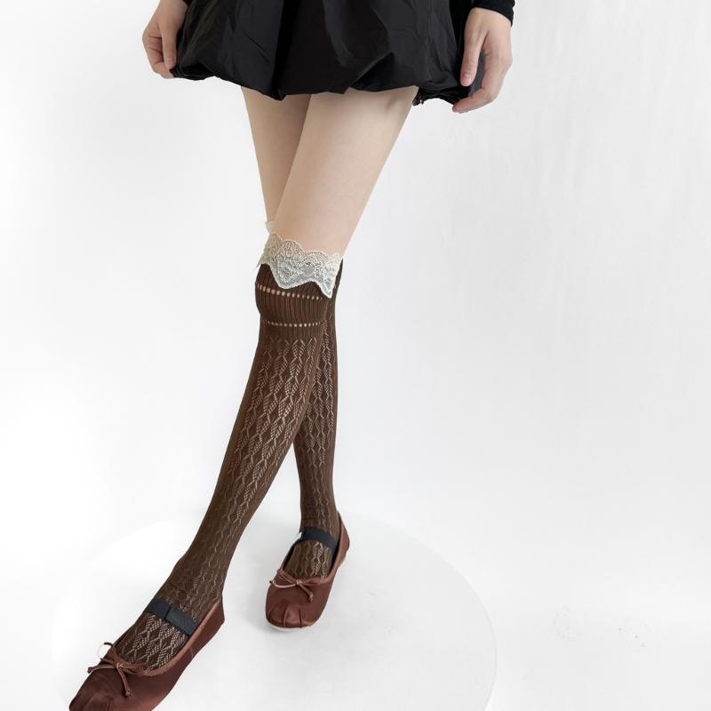 Women Nylon Stretch Thigh High Stockings With Lace Trim and Mesh Detailing Hollowout Over the Knee Socks for Daily Use