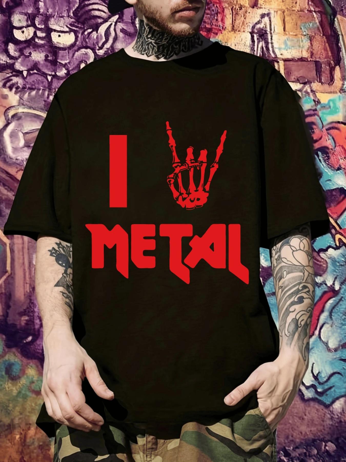 Heavy Metal Graphic T-shirt - Bold I Love Metal Rock Tee with Skeleton Hand Design S
