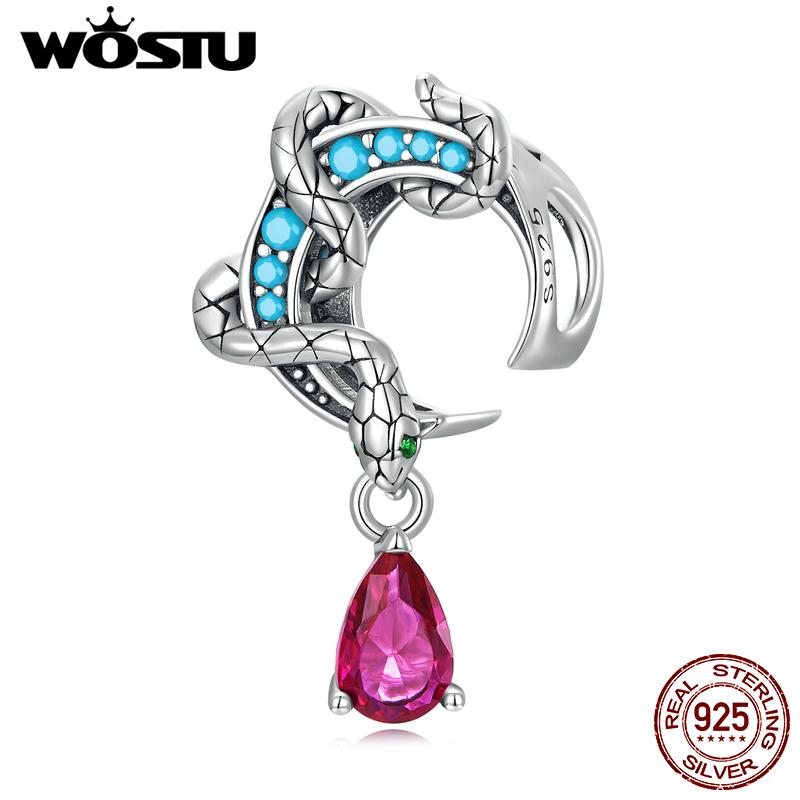 

WOSTU стерлингового серебра 925 пробы в полоску змеиный шпагат красный циркон Подвески бусины для женщин подходят оригинальный DIY браслет ожерелье ювелирные изделия 925 silver