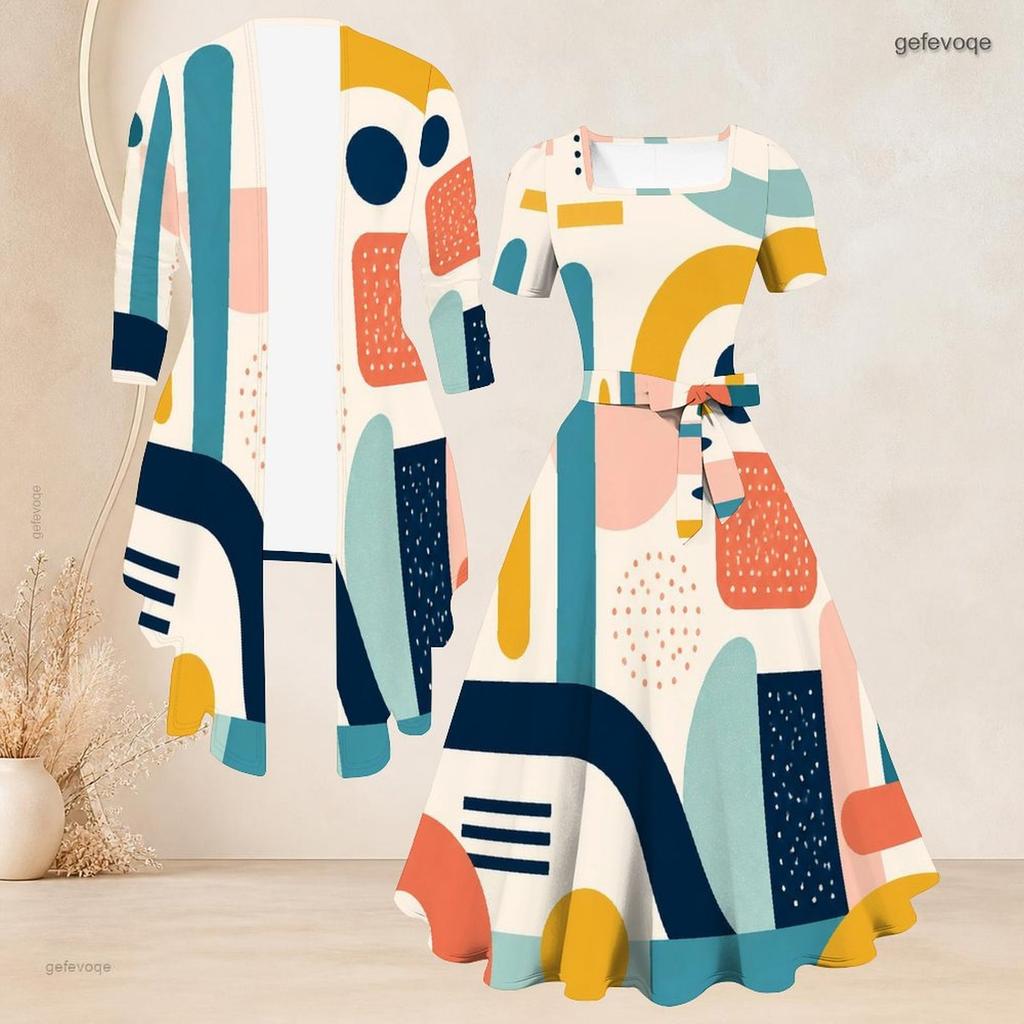 Women Plus Size Printed Two Piece Set Long Sleeve Cardigan Square Neck Short Sleeve Tie Waist Flared Dress