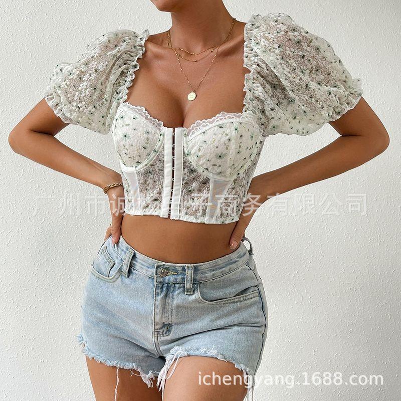 

Printed Front Button Low Neck Short Top Print Front Row Buttons Low Collar Short Top Mint Green L