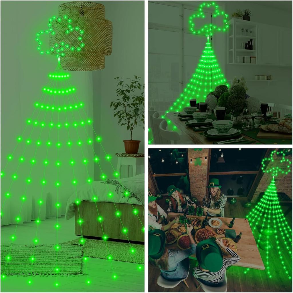 15 ft St. Patrick's Day Decor Lights 438 LED 8 Modes Plug in Curtain Lights Shamrock Lights String for Home Bedroom Indoor Outdoor Party Saint