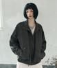 Leathery High-Neck Washed Leather Blouson Jacket [Charcoal]