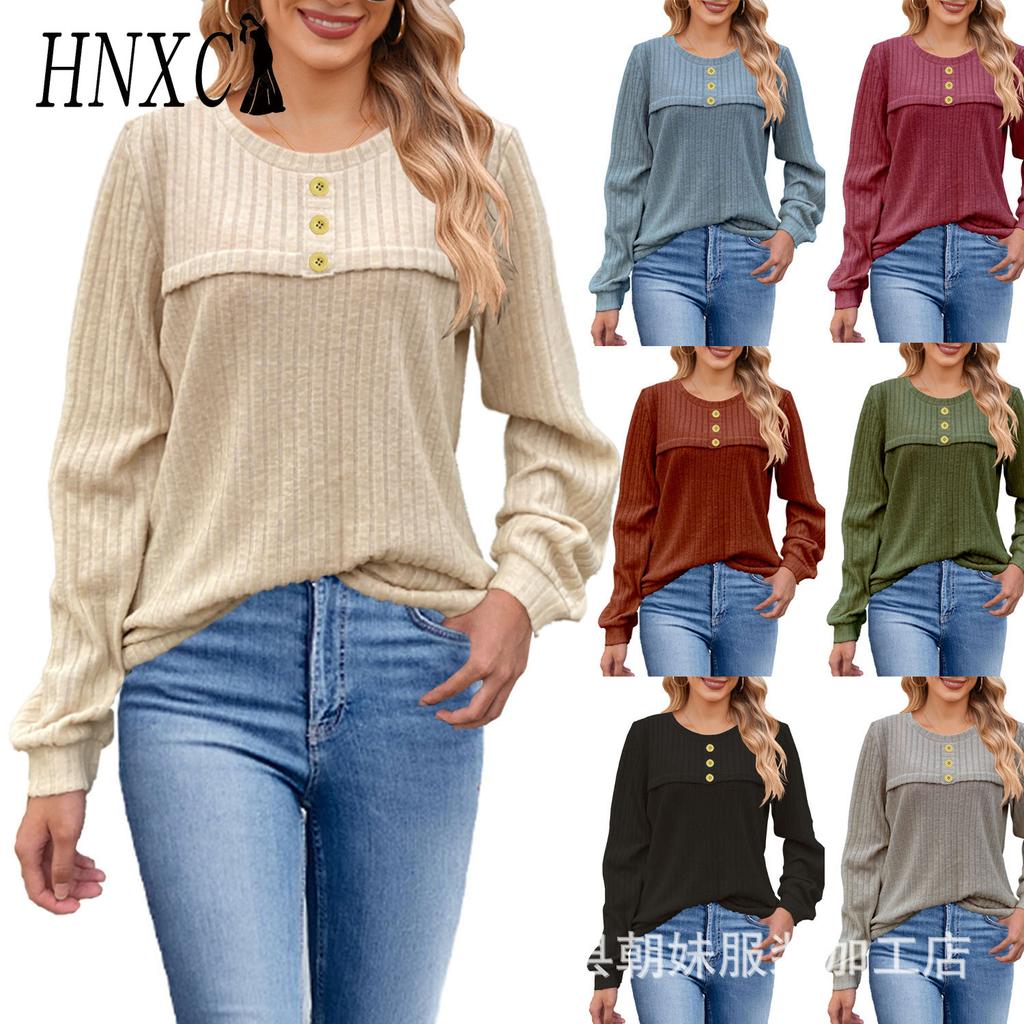 HNXC Autumn and Winter Frosted Pit Stripe Button Long-sleeved T-shirt Casual Knitted Women's Top Sweaters