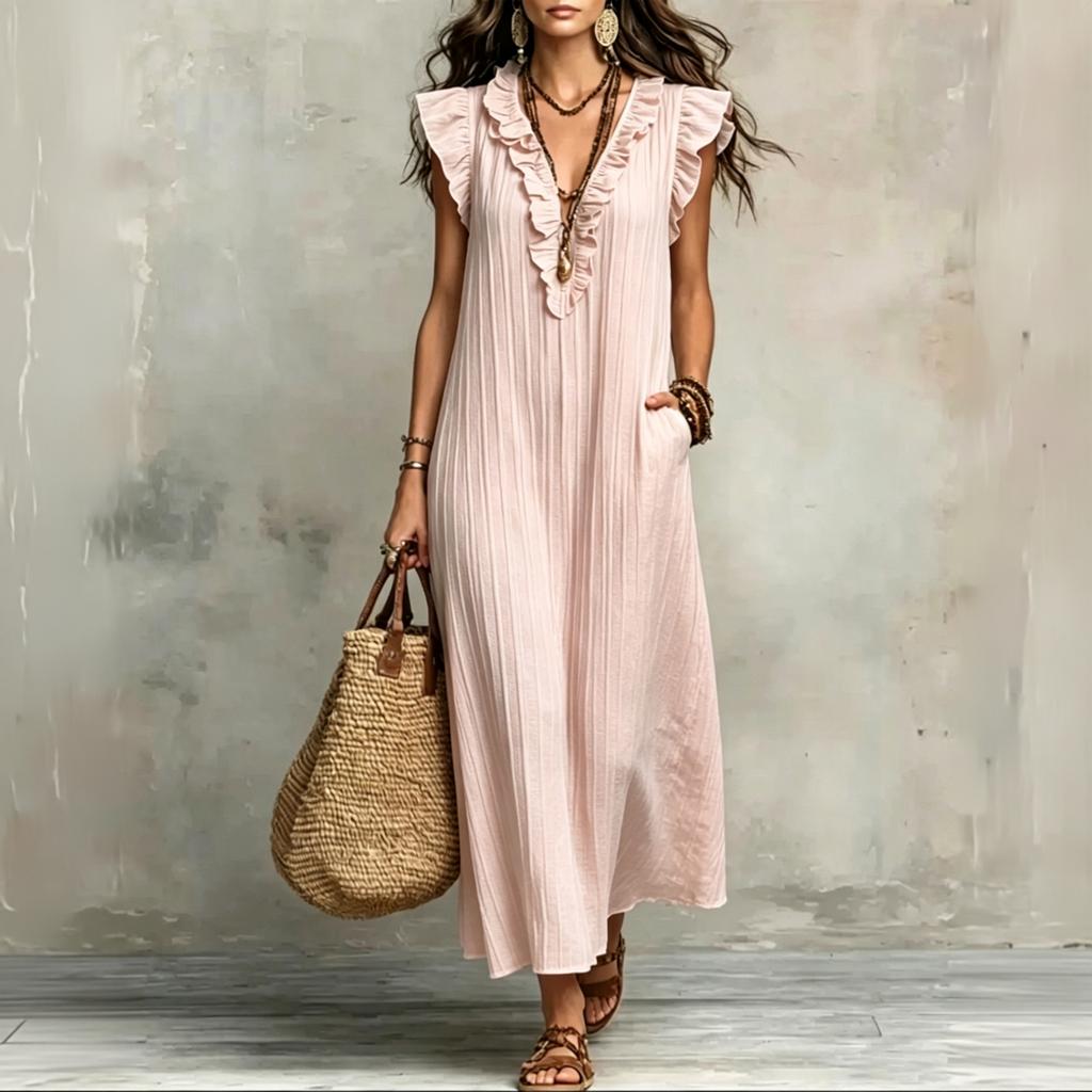 Dames Mouwloos Losvallend Maxi Jurk Boheemse Stijl V-hals Ruche Afwerking Casual Zomer Lange Jurk met Zakken