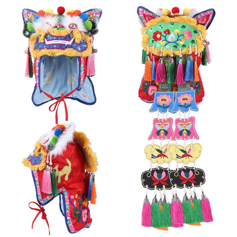 New Year of the Sheep Ethnic Style Thickened Velvet Lion Hat Boys and Girls Spring Festival Cute Tiger Head Hat Fringed Ear Hat