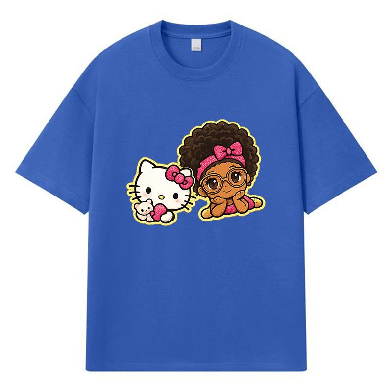2026 Hello Kitty and Girl Printed Graphic Y2k Harajuku Streetwear 100% Cotton T Shirt Casual Oversized Summer Men T-shirt