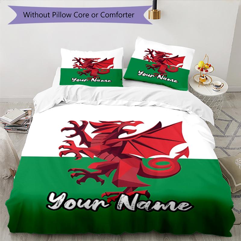 3pcs Custom Name Wales Bedding Set Duvet Cover Closure Includes 1 Duvet Cover & 2 Pillowcases, Soft and Comfortable for All Seasons.