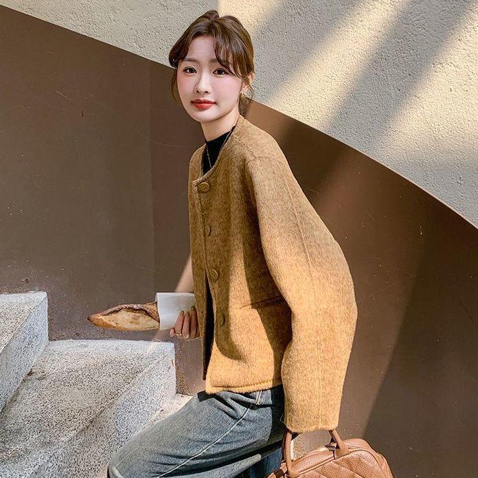 Trendig Kort Ullkappa Dam Höst Vinter Mysig Fuskull Tweedjacka Elegant Lat Stil Toppval