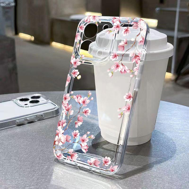 Pink Flower Design Transparent Phone Case For iPhone 17 16 15 14 13 12 11 Pro Air Max XS X XR 7 8 Plus Shockproof Soft TPU Cover